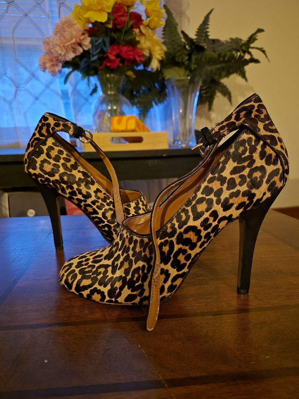 Nine West Leopard Print Ankle-Strap Stiletto Heels - Tan and Black